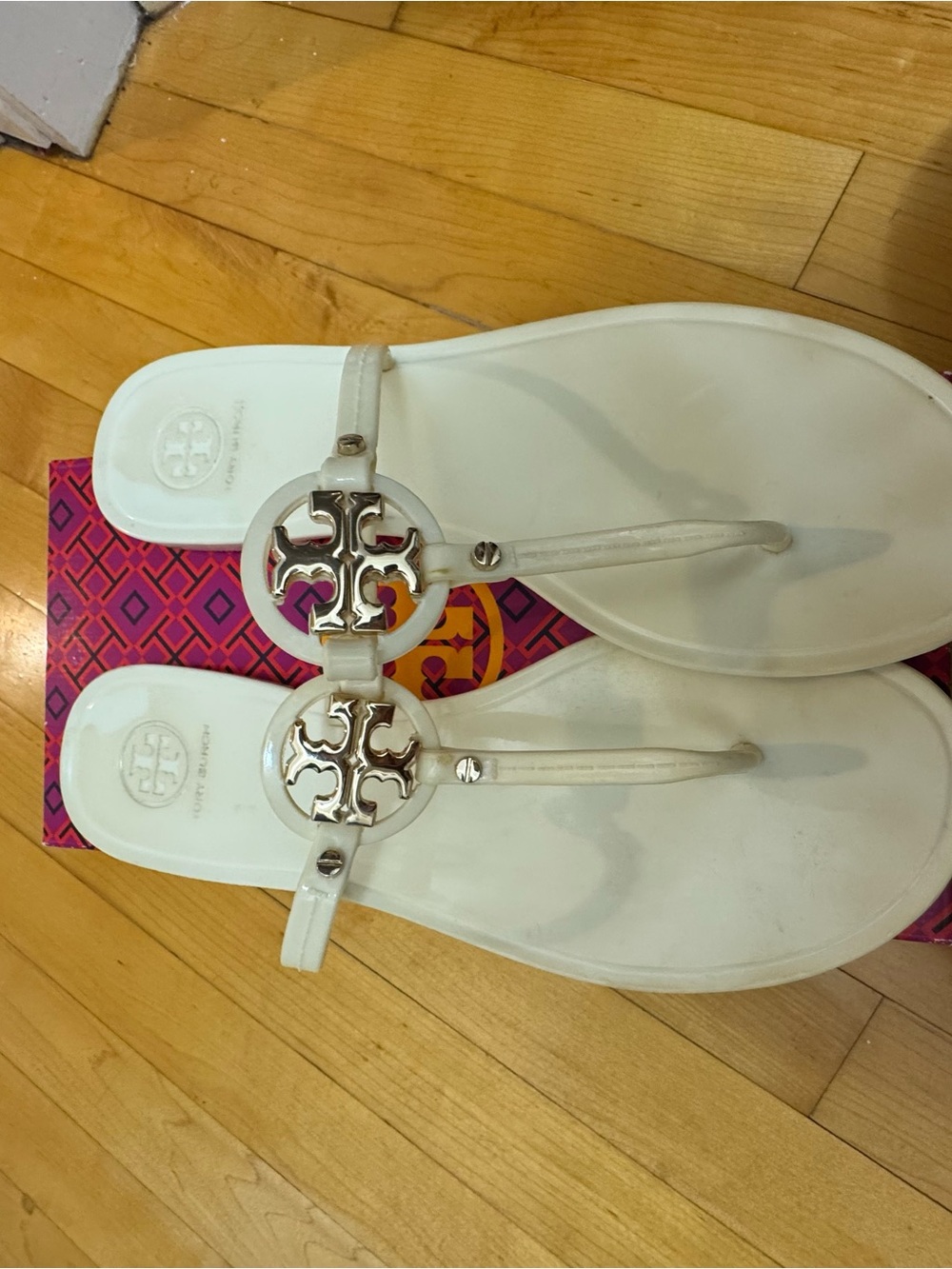 Tory Burch White Logo Jelly Thong Sandals with Gold Logo